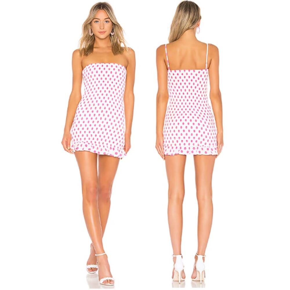 NWOT Lovers + Friends Burson Polka Dot Smcoked Mini Dress Hot Pink Size Small - Picture 2 of 4